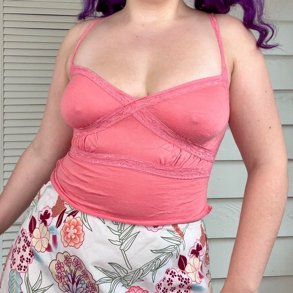 Y2k MCM peach pink lace cropped cami tank top size small